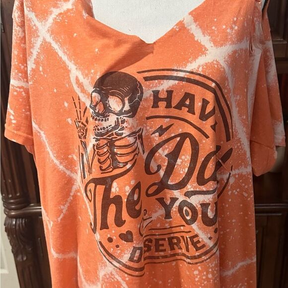 🟧 3 for $25 Orange Graphic Women's Off The Shoulder Top - Picture 3 of 6
